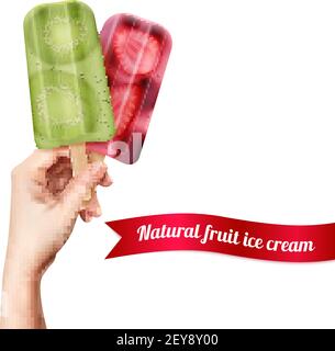 Fruit popsicles ice cream in hand realistic background with editable text on ribbon and human hand vector illustration Stock Vector