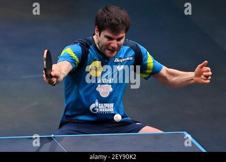 Doha. 5th Mar, 2021. Dimitrij Ovtcharov of Germany returns the ball during the men's singles semifinal against Harimoto Tomokazu of Japan at WTT Contender Doha in Doha, Qatar on March 5, 2021. Credit: Nikku/Xinhua/Alamy Live News Stock Photo