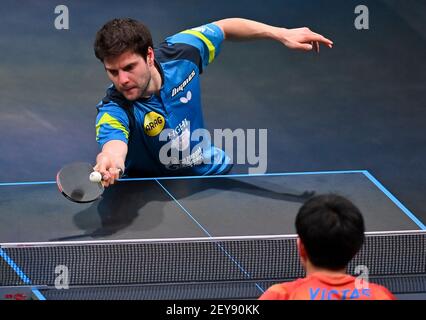 Doha. 5th Mar, 2021. Dimitrij Ovtcharov of Germany returns the ball during the men's singles semifinal against Harimoto Tomokazu of Japan at WTT Contender Doha in Doha, Qatar on March 5, 2021. Credit: Nikku/Xinhua/Alamy Live News Stock Photo