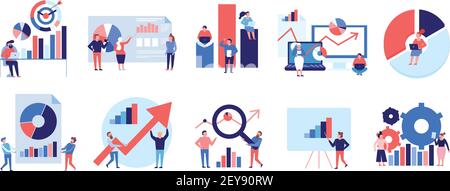 Data analytics tools techniques diagrams graphics symbols presentation analysis  strategy colorful flat elements set isolated vector illustration Stock Vector