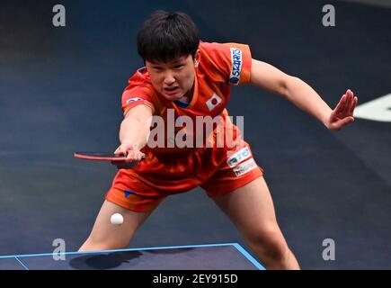 Doha. 5th Mar, 2021. Harimoto Tomokazu of Japan returns the ball during the men's singles semifinal against Dimitrij Ovtcharov of Germany at WTT Contender Doha in Doha, Qatar on March 5, 2021. Credit: Nikku/Xinhua/Alamy Live News Stock Photo