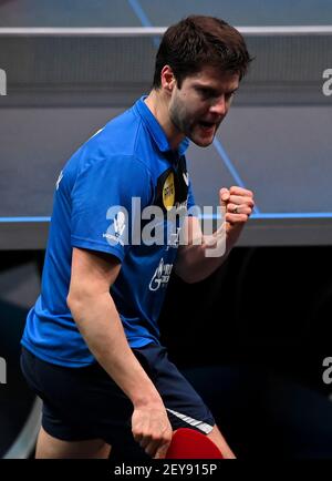 Doha. 5th Mar, 2021. Dimitrij Ovtcharov of Germany celebrates during the men's singles semifinal against Harimoto Tomokazu of Japan at WTT Contender Doha in Doha, Qatar on March 5, 2021. Credit: Nikku/Xinhua/Alamy Live News Stock Photo