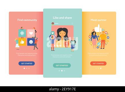 Social media 3 mobile screens flat colorful background set with finding community meeting partner like share vector illustration Stock Vector