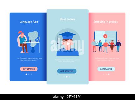 Online education language courses apps group training personal tutors offers ads flat smartphones screens set vector illustration Stock Vector
