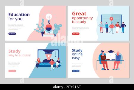 Online education 4 flat concept banners web page design with certified training university college courses vector illustration Stock Vector
