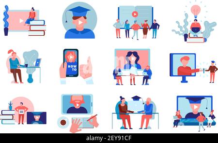 Online education video tutorials language training university college certified courses programs flat elements collection isolated vector illustration Stock Vector