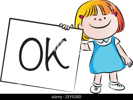 vector cartoon school girl hold card: ok Stock Vector