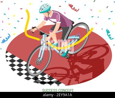 Success concept isometric composition with human character of bike rider crossing finish line with editable text vector illustration Stock Vector