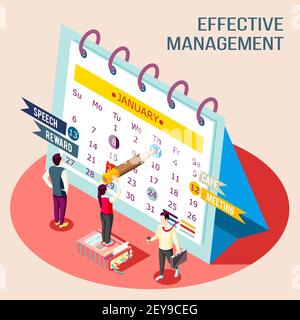 Effective management concept isometric background composition with images of people making signs in appointment desk calendar vector illustration Stock Vector