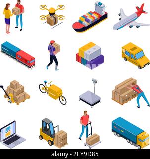 Isometric colorful set of icons with delivery transport loaders and couriers at work isolated on white background 3d vector illustration Stock Vector