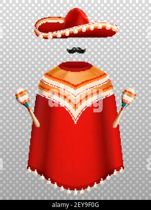 Mexican traditional clothes realistic set with sombrero poncho and maracas isolated on transparent background vector illustration Stock Vector