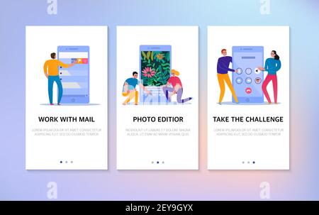 Phone interaction vertical banners set with text field and people using mail and photo editor icons flat isolated vector illustration Stock Vector
