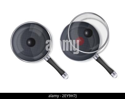 Frying pan set for cooking lunch or dinner realistic isolated vector illustration Stock Vector