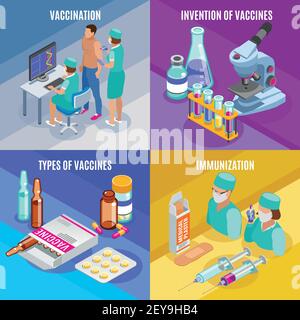 Vaccination isometric 2x2 design concept with compositions of medical supplies glass tubes with vaccines and people vector illustration Stock Vector