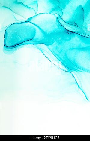 Closeup of blue, teal, aquamarine and white alcohol ink abstract texture. Mixing acrylic paints. Watercolor pattern of the painting for design project Stock Photo