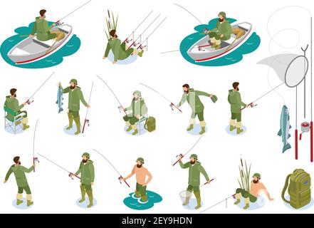 Fishermen during catching fish on spinning rod set of isometric icons with tackle isolated vector illustration Stock Vector