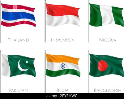 National flags set with Thailand and Indonesia flags realistic isolated vector illustration Stock Vector