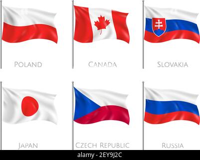 Official flags set with Poland and Canada flags realistic isolated vector illustration Stock Vector