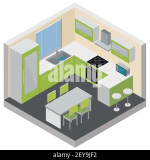 Kitchen interior isometric composition with modern furniture household gadgets and consumer electronics 3d vector illustration Stock Vector