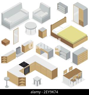 Home furniture isometric set of elements for kitchen bedroom and living room interior isolated vector illustration Stock Vector