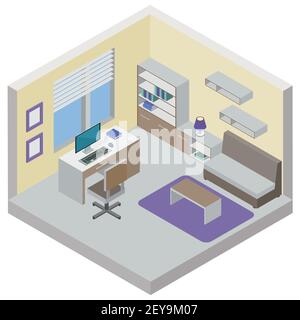 Work room isometric design concept with workplace bookshelves and guest area vector illustration Stock Vector