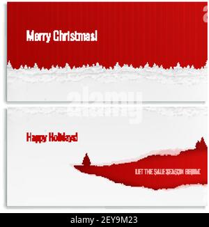 Merry christmas horizontal banners in red and white color with torn paper design realistic isolated vector illustration Stock Vector