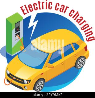 Gas stations refills isometric background with electric automobile on charge with e-mobility charging station images vector illustration Stock Vector