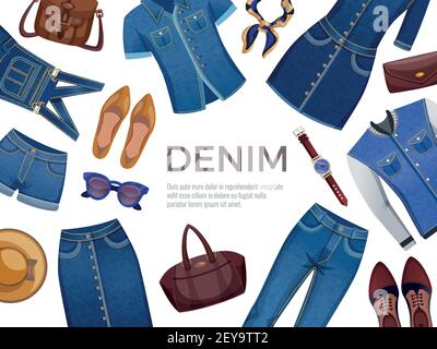 Decorative frame from male and female denim clothing with accessories on white background flat vector illustration Stock Vector