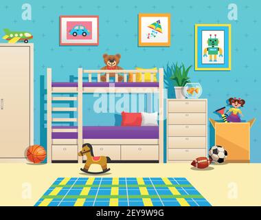 Tidy children room interior with bunk bed pictures on wall aquarium with fish and toys vector illustration Stock Vector