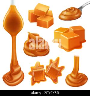 Realistic caramel candies icon set with creamy liquid and creamy drops of caramel vector illustration Stock Vector