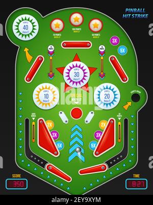 Colored and realistic 3 d pinball composition with pinball hit strike description vector illustration Stock Vector