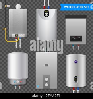 Realistic electric water heater boiler transparent icon set with isolated elements on transparent background vector illustration Stock Vector