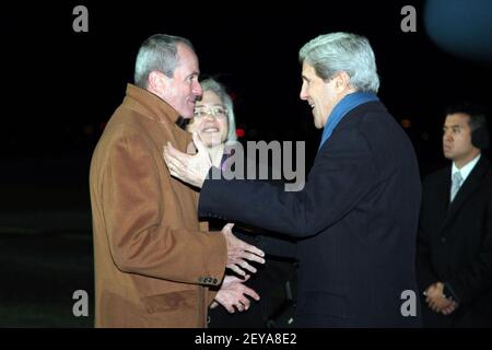 Feb 26, 2013 - Berlin, Germany - U.S. Secretary of State John Kerry is greeted by U.S. Ambassador to Germany Philip Murphy and German Head of Protocol Claudia Schmitz upon arriving at Tegel Airport in Berlin, Germany, February 25, 2013. [State Department photo/ Public Domain]
