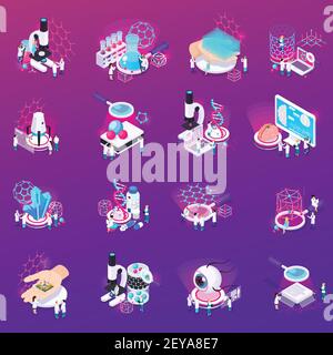 Nanotechnology isometric icons set if laboratory equipment carbon nanotubes micro chip implanted in human brain mono crystalline isolated vector illus Stock Vector