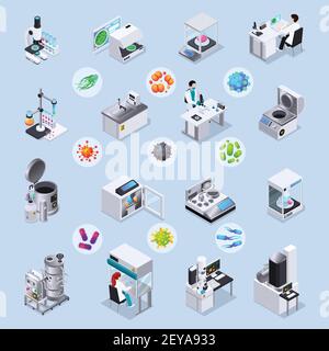 Microbiology isometric set of laboratory equipment for realization of scientific experiments and magnified bacteria and virus images under microscope Stock Vector
