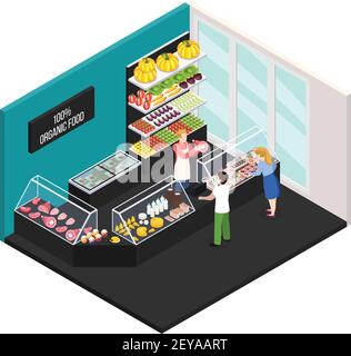 Farmer market of organic food isometric interior with seller showing buyers fresh farm meat vector illustration Stock Vector