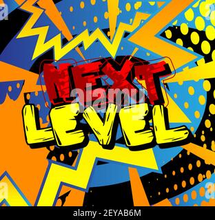 Gaming level, Game progress related words, quote on Comic book style background. Poster, banner, template. Cartoon explosion expression. Vector illust Stock Vector