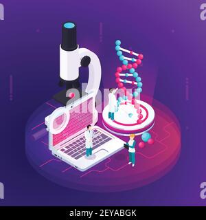 Nanotechnology isometric design concept illustrated microscopy notebook with  science information on screen and big image of dna model vector illustra Stock Vector