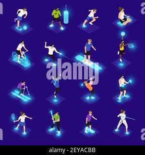 Human characters in vr glasses during various sports activity isometric icons on blue background isolated vector illustration Stock Vector