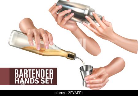 Bartender hands pouring and mixing cocktails realistic set isolated on white background vector illustration Stock Vector