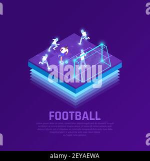 Man in vr headset and virtual players during soccer game isometric composition on purple background vector illustration Stock Vector