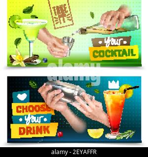Realistic set of two colorful horizontal banners with bartender hands mixing cocktails isolated vector illustration Stock Vector