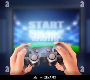 Human hands holding controller and starting video game on big screen realistic vector illustration Stock Vector