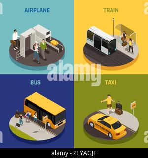 People with luggage during travel on airplane train bus and taxi isometric design concept isolated vector illustration Stock Vector