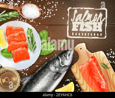 Realistic background with raw salmon with different herbs on wooden table vector illustration Stock Vector