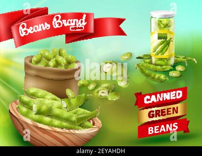 Realistic advertising poster with natural canned green beans vector illustration Stock Vector