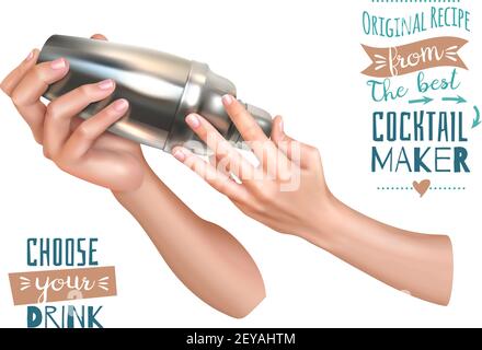 Bartender hands mixing cocktail on white background realistic vector illustration Stock Vector