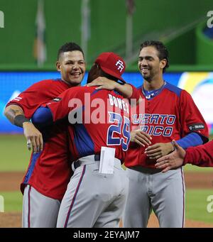 Puerto Rico catcher Yadier Molina during the fourth inning against Italy in  the World Baseball Classic elimination game at Marlins Park in Miami,  Florida, on Wednesday, March 13, 2013. Puerto Rico rallied