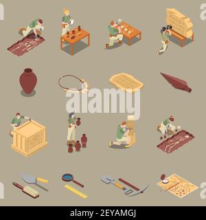 Archeology isometric icons set with antiquity symbols isolated vector illustration Stock Vector