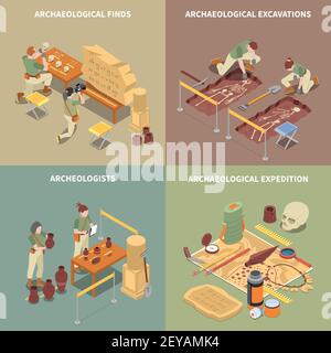 Archeology isometric concept icons set with excavations and finds symbols isolated vector illustration Stock Vector